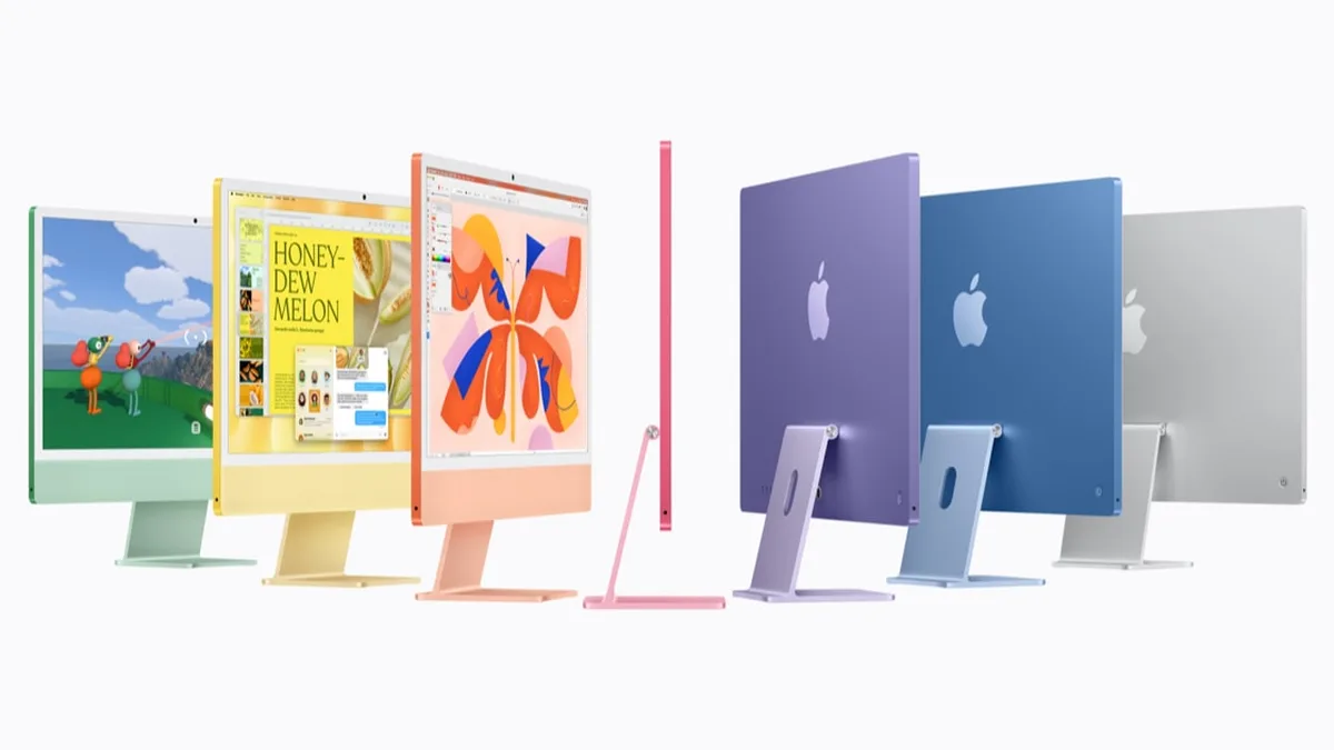 Șapte iMac-uri colorate, văzute din față și din spate